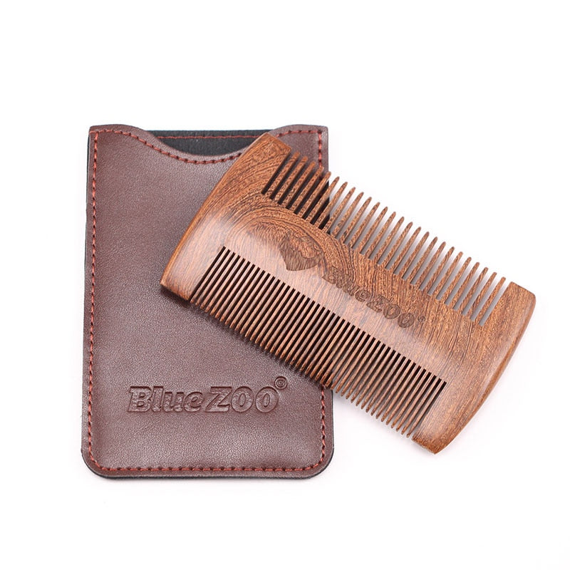 Blue ZOO Double Side Sandalwood Beard Comb Fashion Leather Bag Anti Static Wooden Fine Coarse Teeth Mustaches Beard Brush Comb