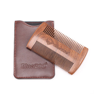 Blue ZOO Double Side Sandalwood Beard Comb Fashion Leather Bag Anti Static Wooden Fine Coarse Teeth Mustaches Beard Brush Comb