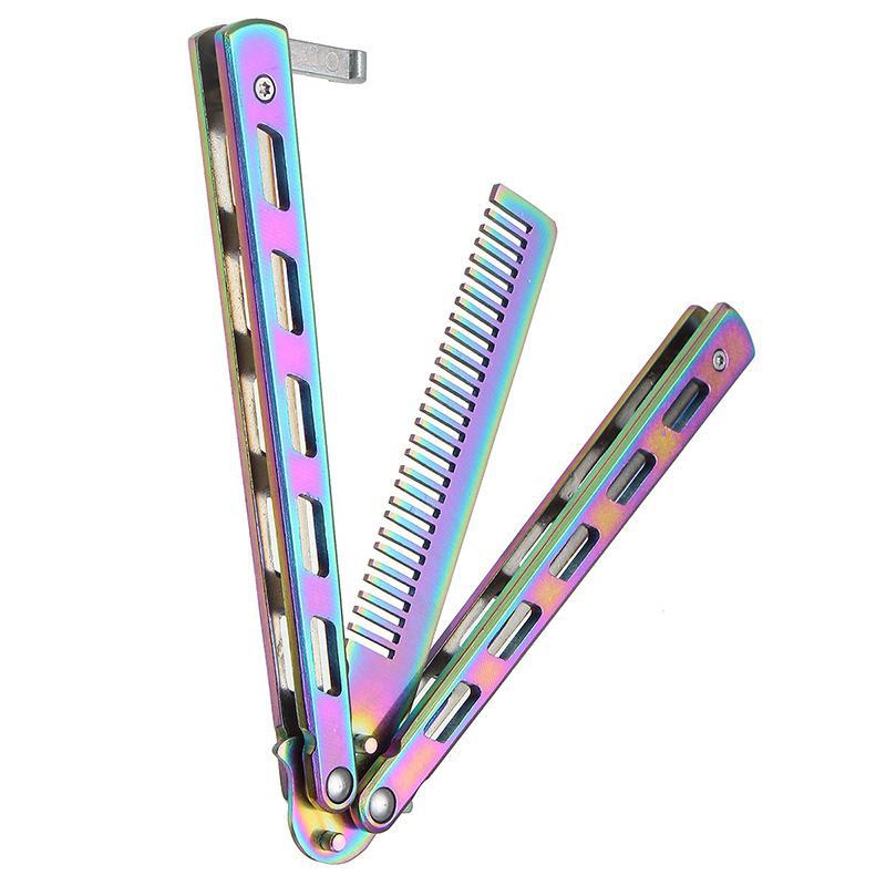 Foldable Comb Stainless Steel Practice Training Butterfly Knife Comb Beard Moustache Brushes Hairdressing Styling Tool